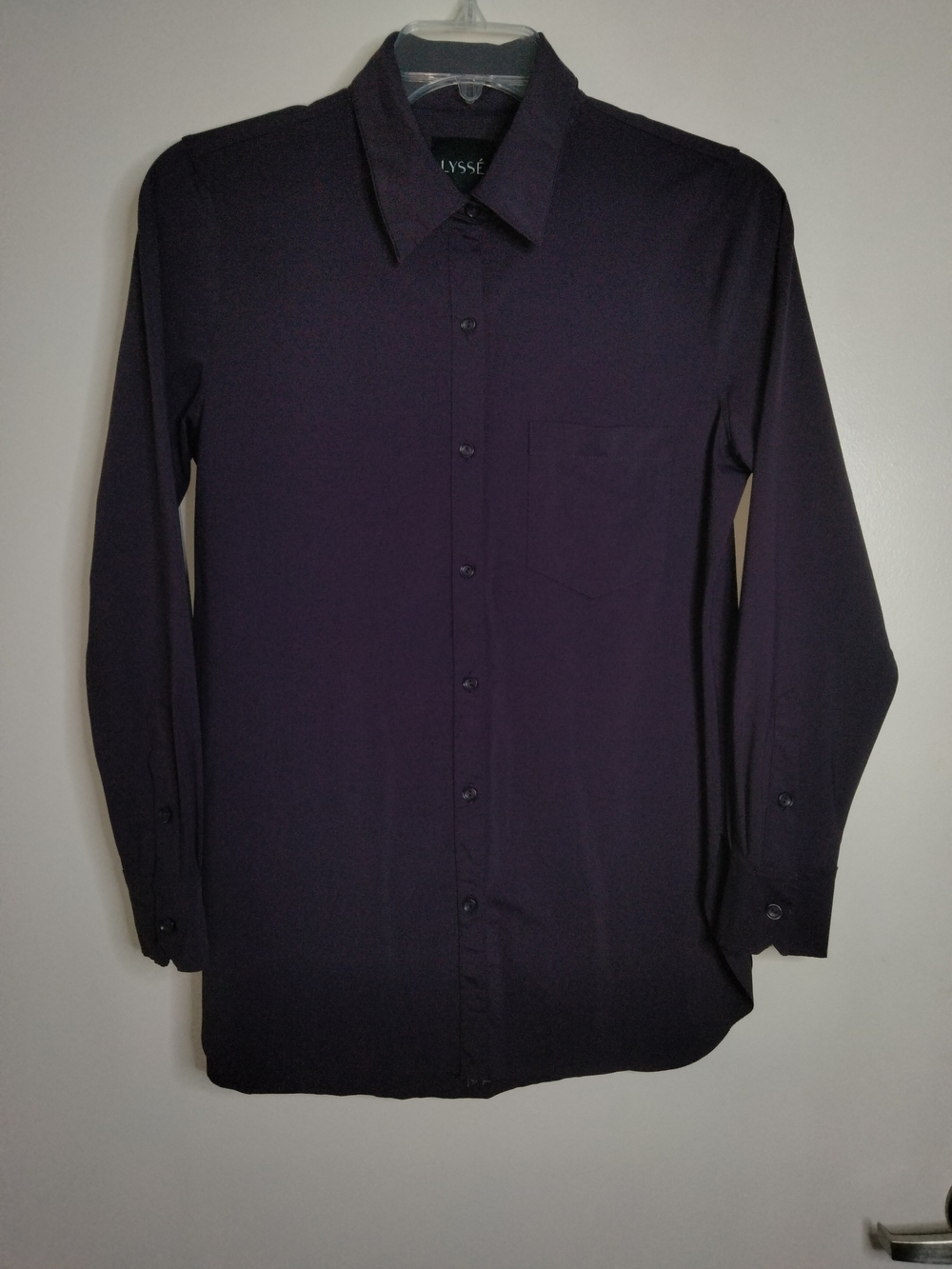 Lysse -M- Dark Purple Stretch Raw Hem Button-Down LS Elevated Basic Tunic Shirt